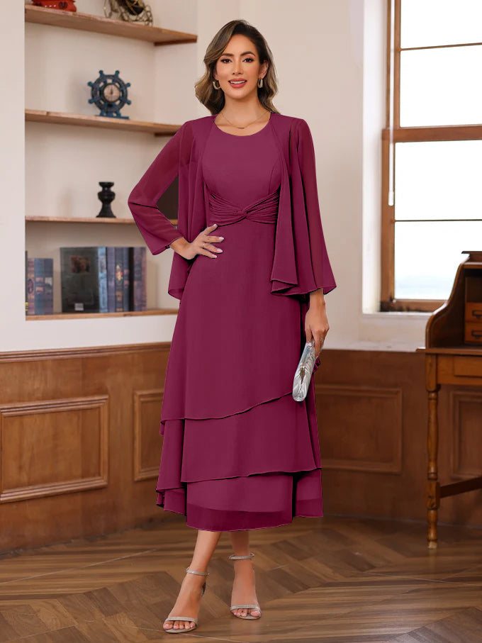 A-Line/Princess Scoop Neck 2 Pcs Tea-Length Mother of the Bride Dresses with Ruffles & jacket