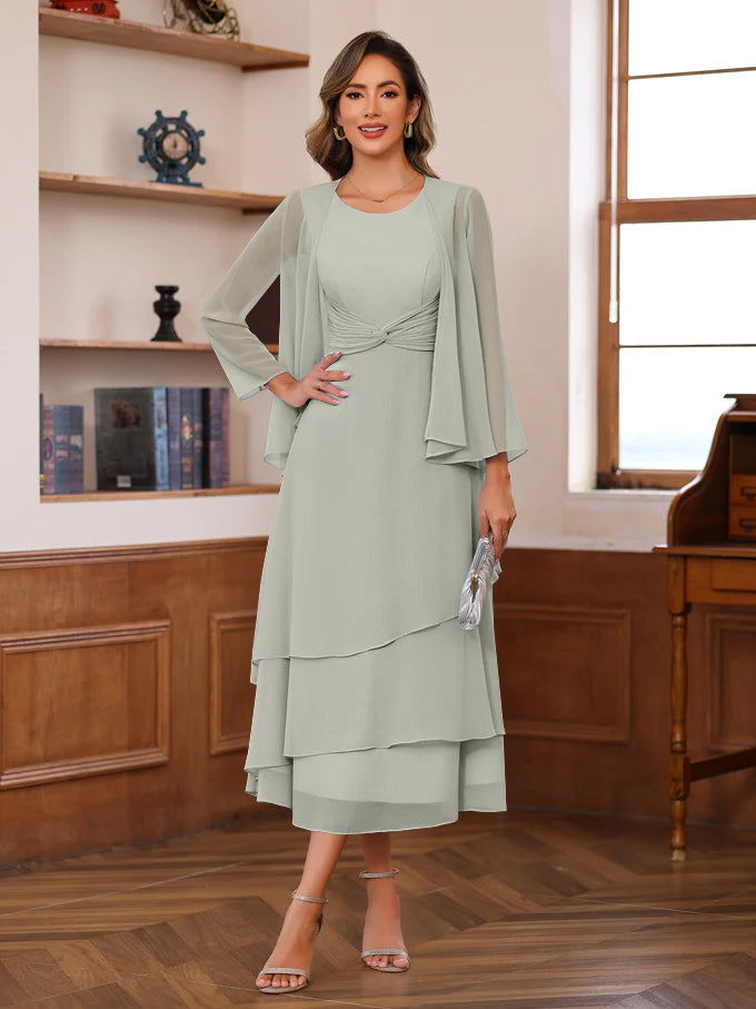 A-Line/Princess Scoop Neck 2 Pcs Tea-Length Mother of the Bride Dresses with Ruffles & jacket