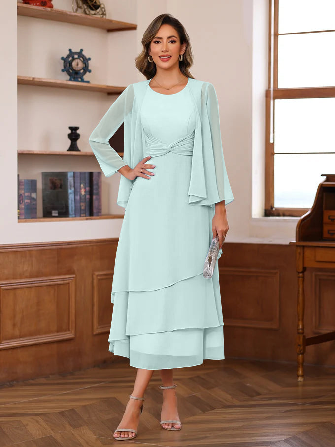 A-Line/Princess Scoop Neck 2 Pcs Tea-Length Mother of the Bride Dresses with Ruffles & jacket