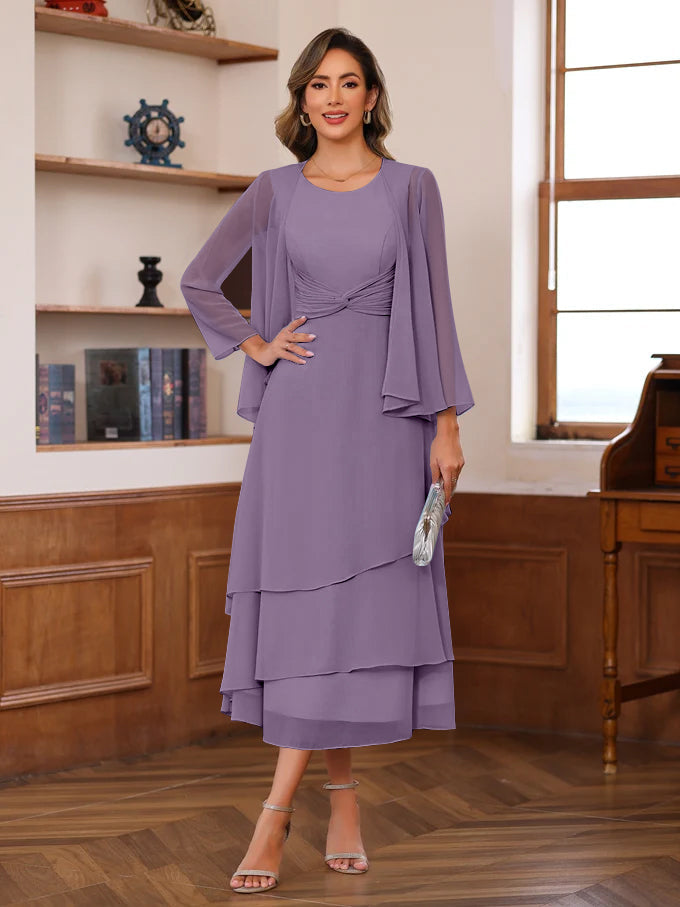 A-Line/Princess Scoop Neck 2 Pcs Tea-Length Mother of the Bride Dresses with Ruffles & jacket