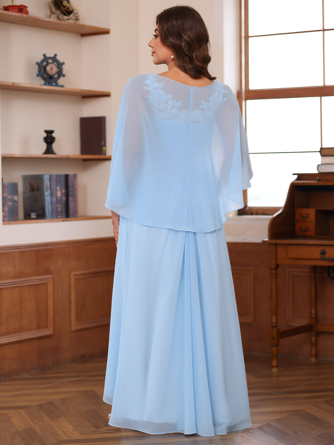 A-Line/Princess V-Neck 2 Pics Floor-Length Mother of the Bride Dresses with Appliques, Ruffles & Wrap