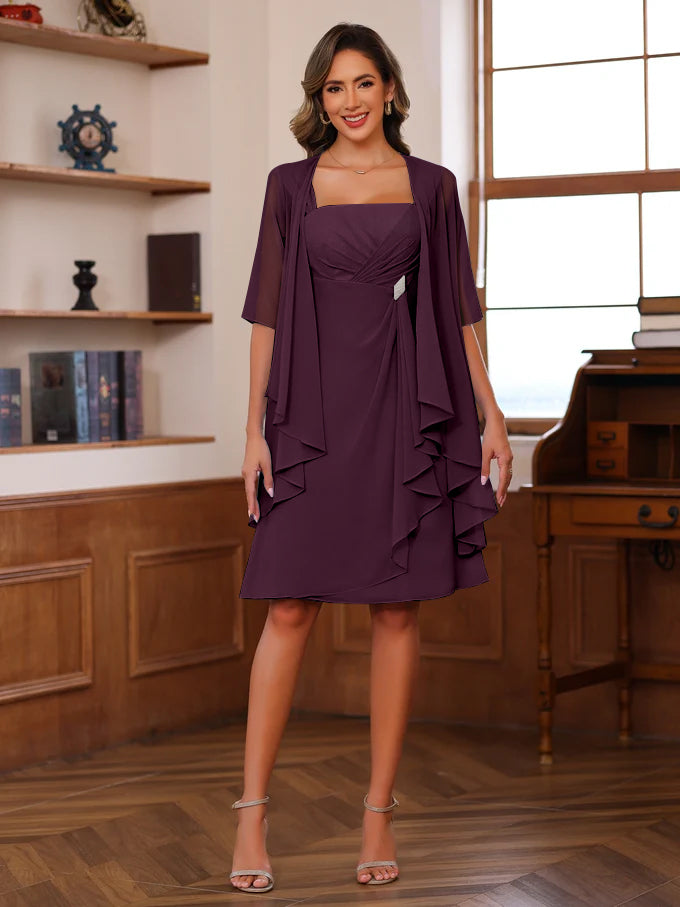 A-Line/Princess Square Neck Knee-Length Mother of the Bride Dresses With Ruffles & Jacket
