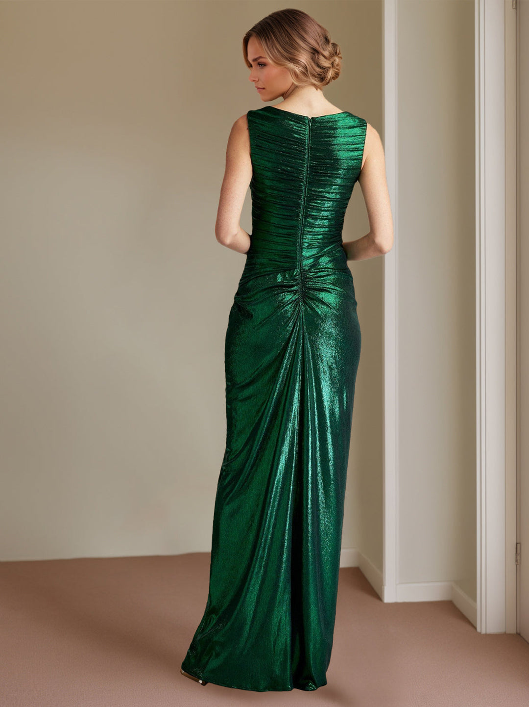 Sheath/Column Asymmetric Neck Sleeveless Evening Dresses Floor-Length Prom Party Dress with Split Side Ruffles