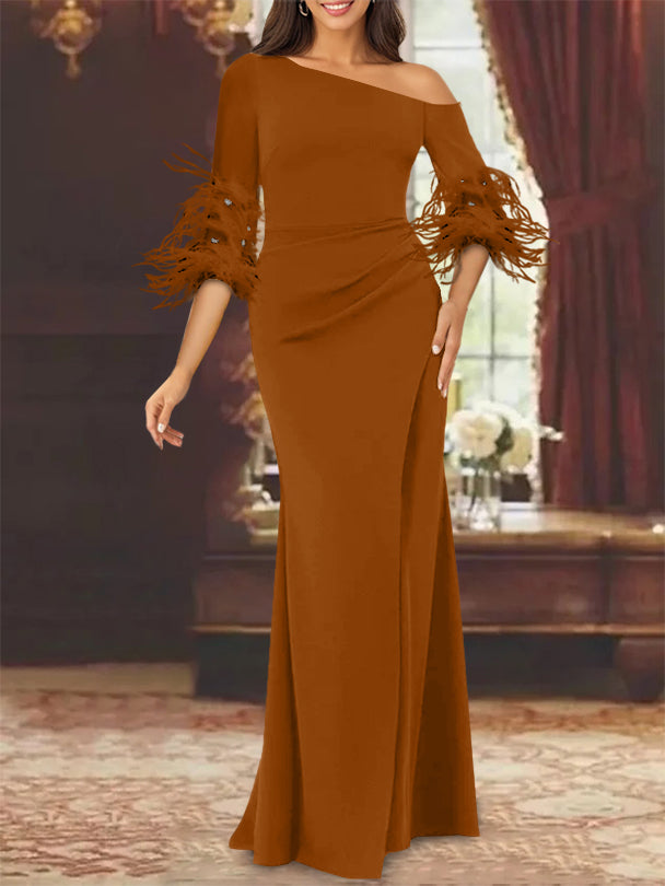 Trumpet/Mermaid Mother Of The Bride Feather Dresses with One Shoulder Long Sleeves Chiffon