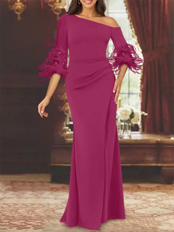 Trumpet/Mermaid Mother Of The Bride Feather Dresses with One Shoulder Long Sleeves Chiffon