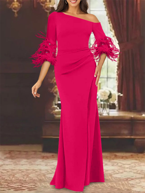 Trumpet/Mermaid Mother Of The Bride Feather Dresses with One Shoulder Long Sleeves Chiffon