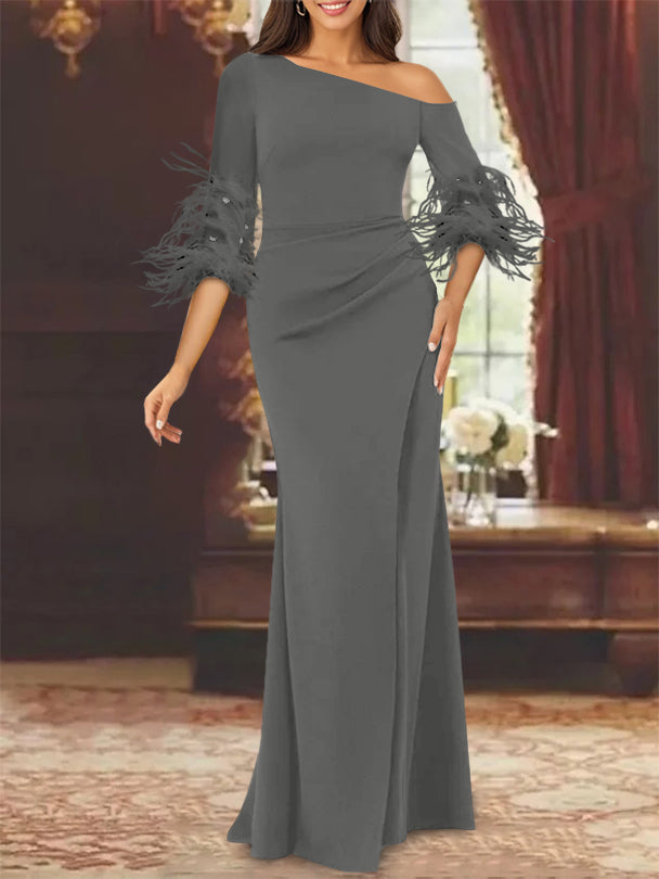 Trumpet/Mermaid Mother Of The Bride Feather Dresses with One Shoulder Long Sleeves Chiffon
