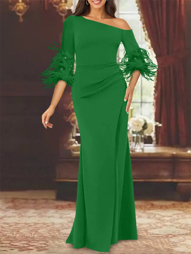 Trumpet/Mermaid Mother Of The Bride Feather Dresses with One Shoulder Long Sleeves Chiffon