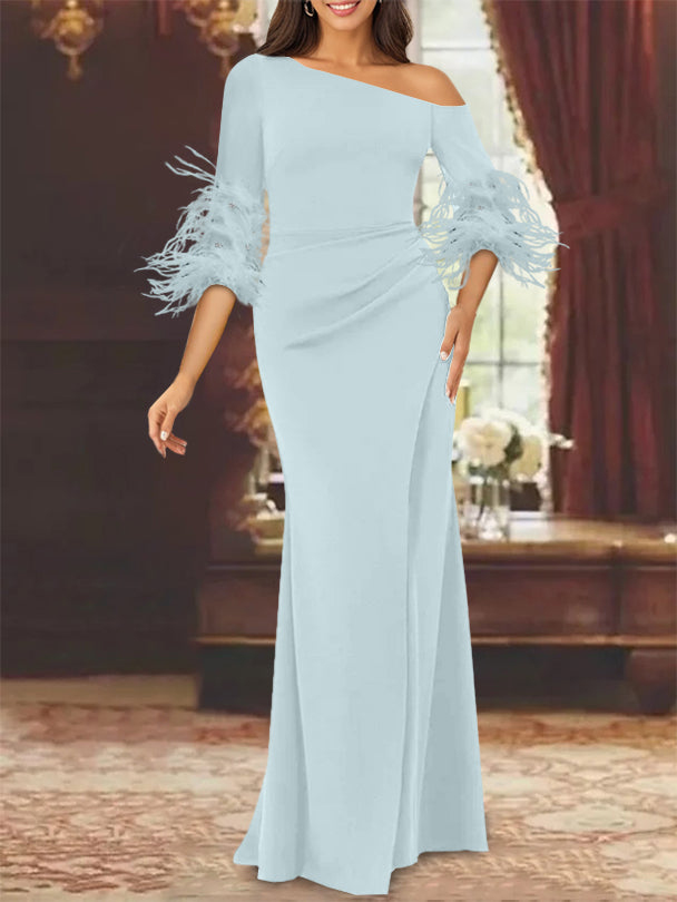 Trumpet/Mermaid Mother Of The Bride Feather Dresses with One Shoulder Long Sleeves Chiffon