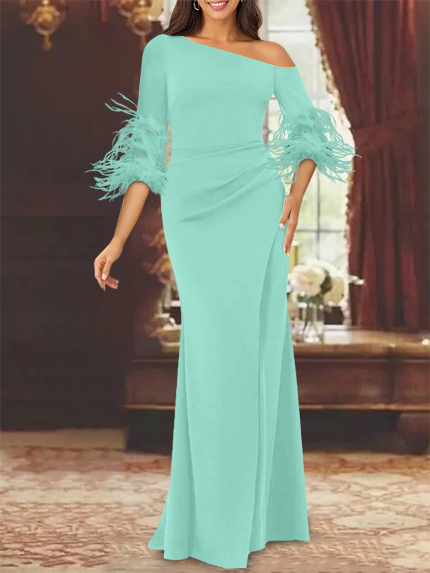Trumpet/Mermaid Mother Of The Bride Feather Dresses with One Shoulder Long Sleeves Chiffon