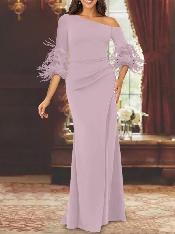 Trumpet/Mermaid Mother Of The Bride Feather Dresses with One Shoulder Long Sleeves Chiffon