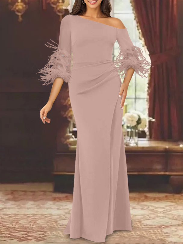 Trumpet/Mermaid Mother Of The Bride Feather Dresses with One Shoulder Long Sleeves Chiffon