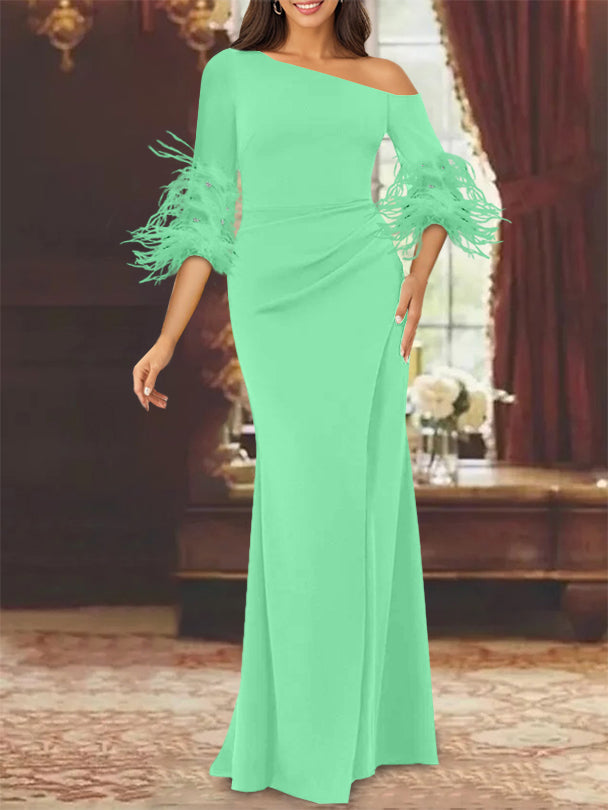 Trumpet/Mermaid Mother Of The Bride Feather Dresses with One Shoulder Long Sleeves Chiffon