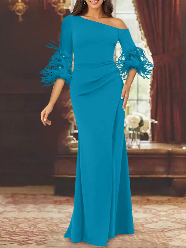 Trumpet/Mermaid Mother Of The Bride Feather Dresses with One Shoulder Long Sleeves Chiffon