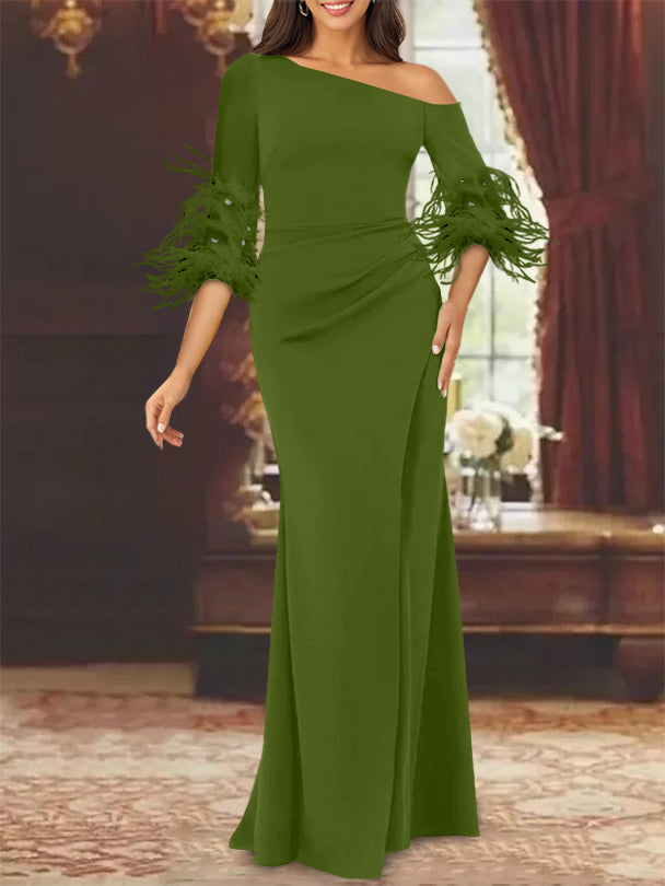 Trumpet/Mermaid Mother Of The Bride Feather Dresses with One Shoulder Long Sleeves Chiffon