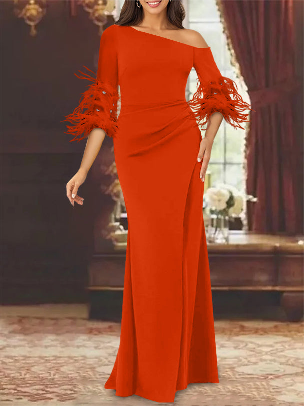 Trumpet/Mermaid Mother Of The Bride Feather Dresses with One Shoulder Long Sleeves Chiffon