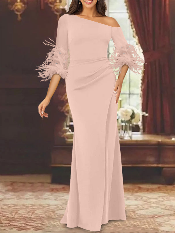 Trumpet/Mermaid Mother Of The Bride Feather Dresses with One Shoulder Long Sleeves Chiffon