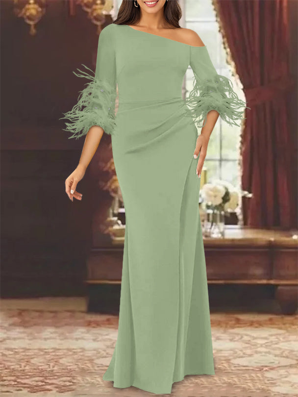 Trumpet/Mermaid Mother Of The Bride Feather Dresses with One Shoulder Long Sleeves Chiffon