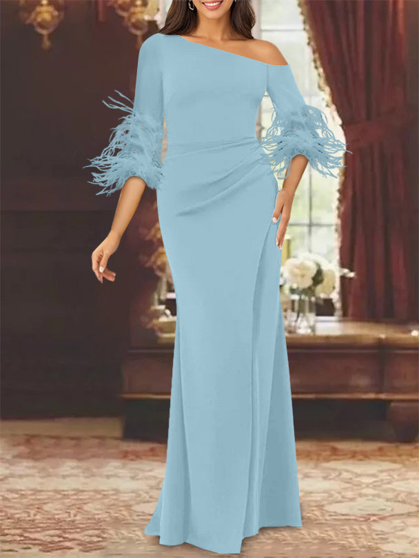 Trumpet/Mermaid Mother Of The Bride Feather Dresses with One Shoulder Long Sleeves Chiffon