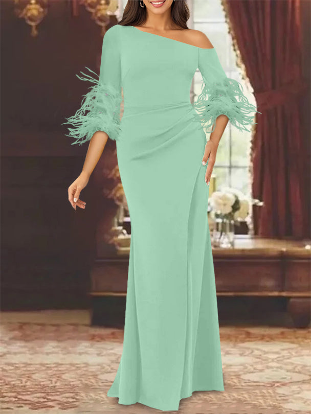 Trumpet/Mermaid Mother Of The Bride Feather Dresses with One Shoulder Long Sleeves Chiffon