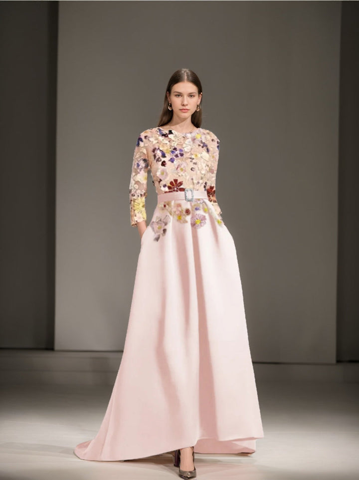 A-Line/Princess Scoop 3/4 Sleeves Asymmetrical Mother of the Bride Dresses with Appliques Lace