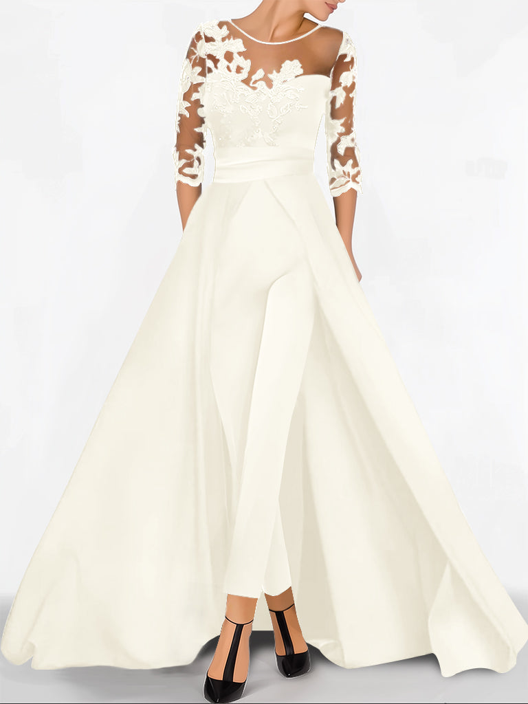 A-Line/Princess Sweetheart 3/4 Sleeves Floor-Length Mother of the Bride Jumpsuit with Applique