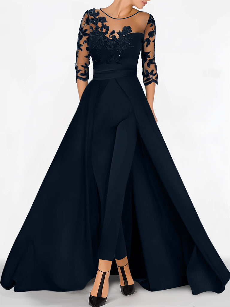 A-Line/Princess Sweetheart 3/4 Sleeves Floor-Length Mother of the Bride Jumpsuit with Applique