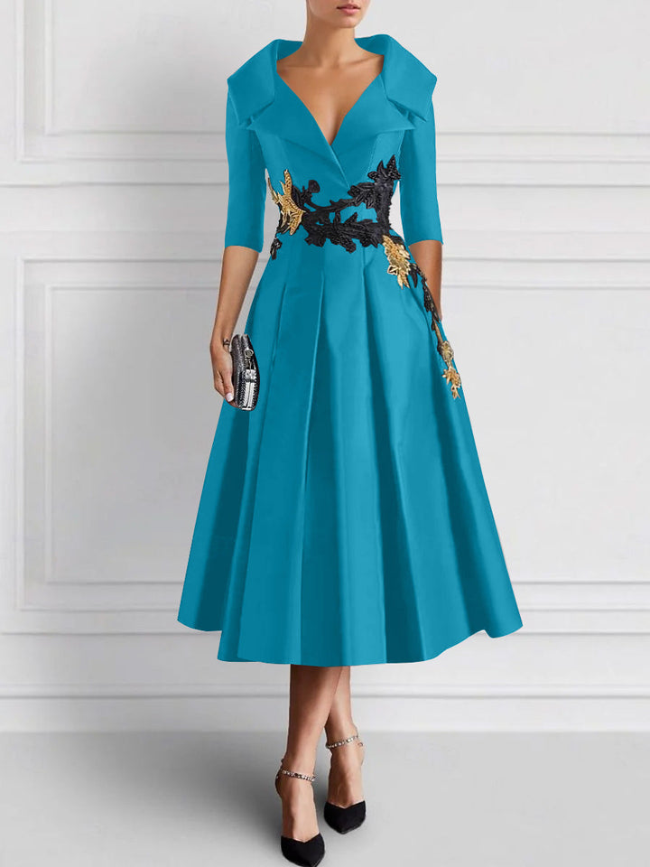 A-Line/Princess V-Neck Tea-Length Elegant Mother of the Bride Dresses with Appliques
