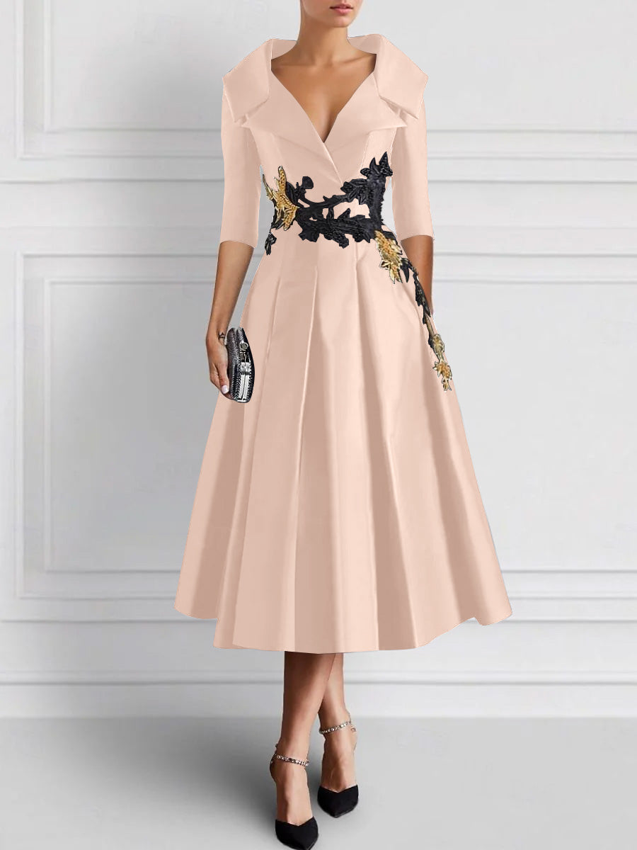 A-Line/Princess V-Neck Tea-Length Elegant Mother of the Bride Dresses with Appliques