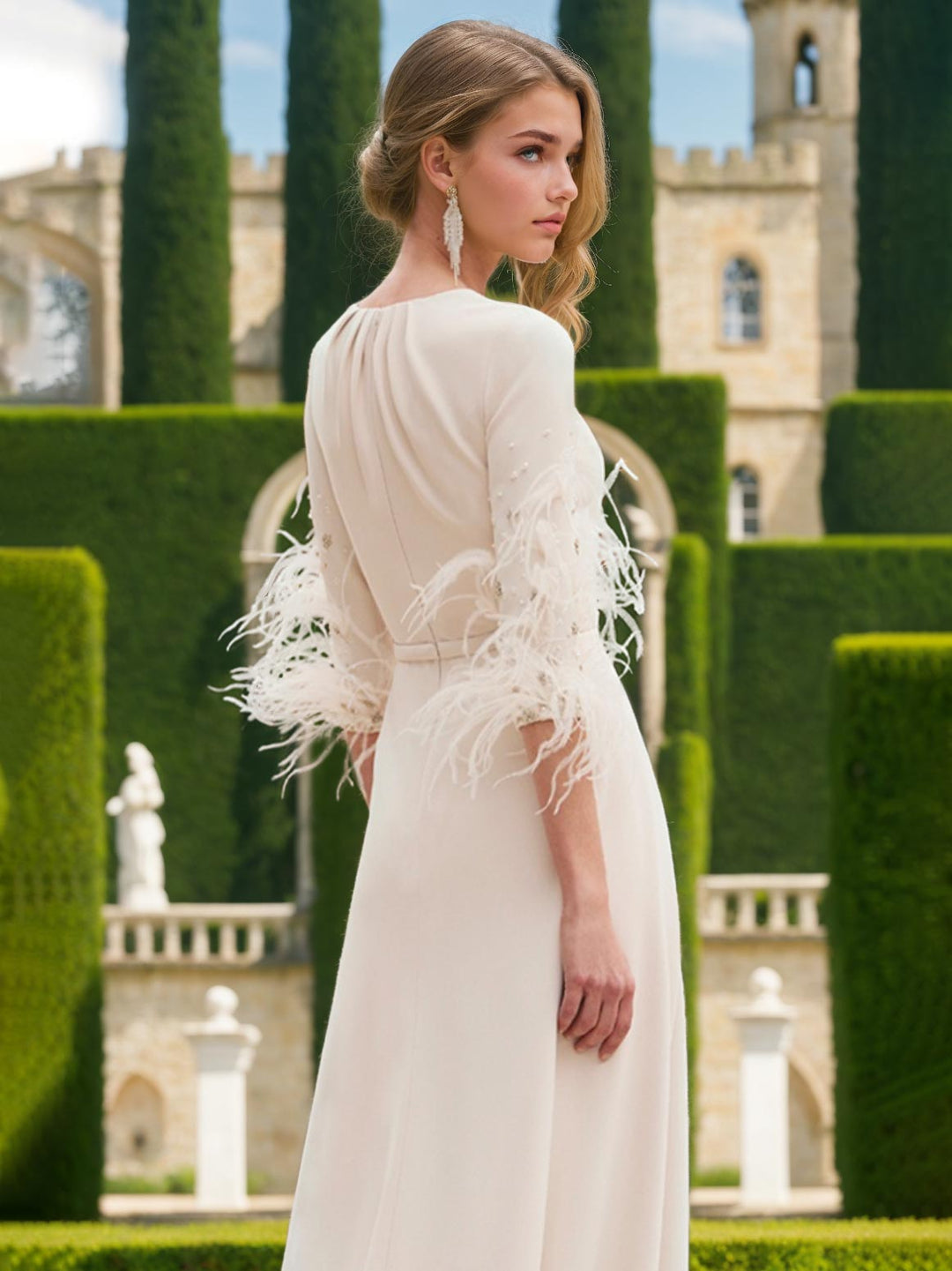 Jewel Neck Half Sleeves Ankle-Length Mother Of The Bride Pantsuits With Feathers