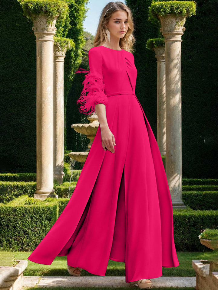Jewel Neck Half Sleeves Ankle-Length Mother Of The Bride Pantsuits With Feathers