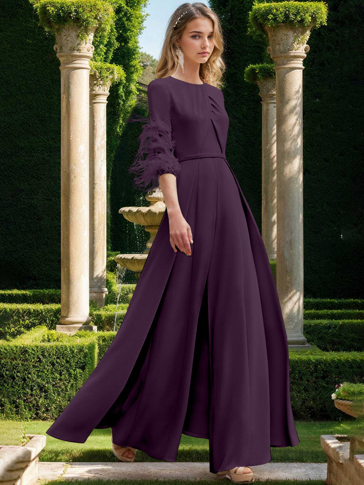 Jewel Neck Half Sleeves Ankle-Length Mother Of The Bride Pantsuits With Feathers