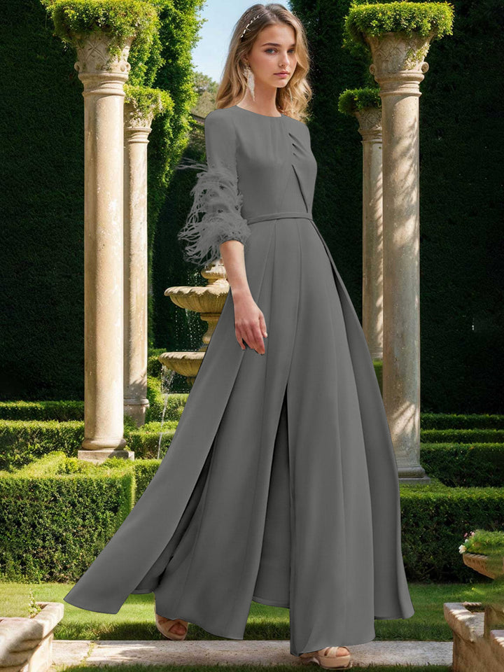 Jewel Neck Half Sleeves Ankle-Length Mother Of The Bride Pantsuits With Feathers