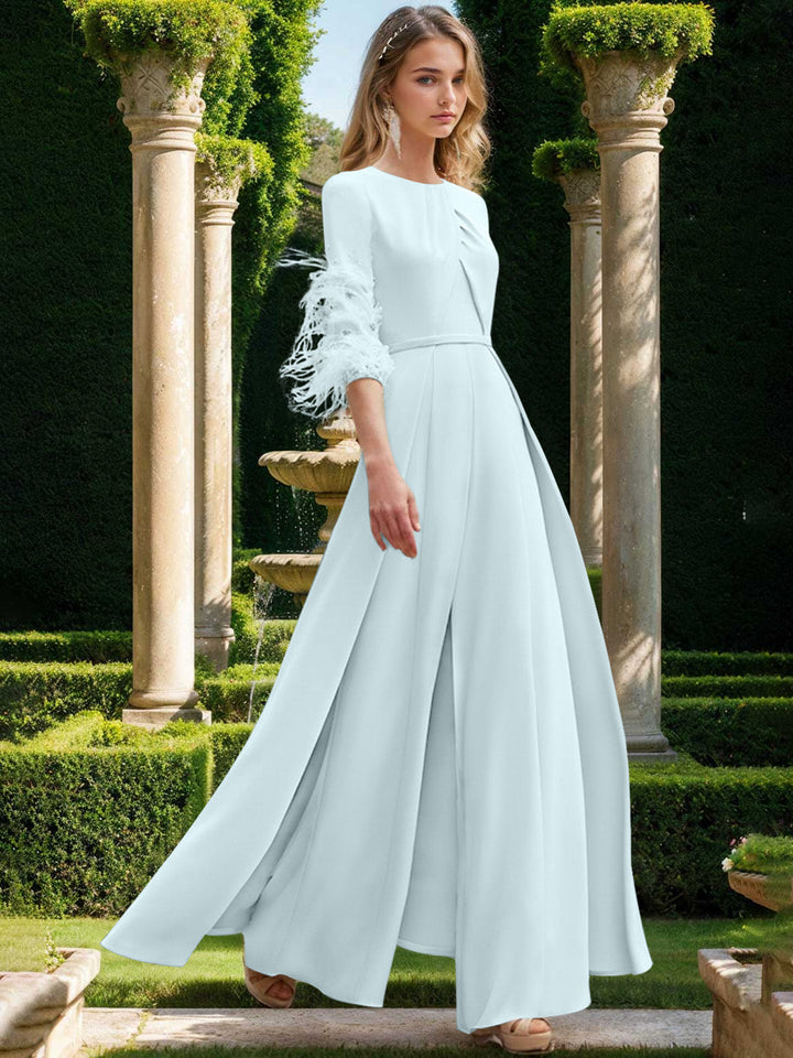 Jewel Neck Half Sleeves Ankle-Length Mother Of The Bride Pantsuits With Feathers