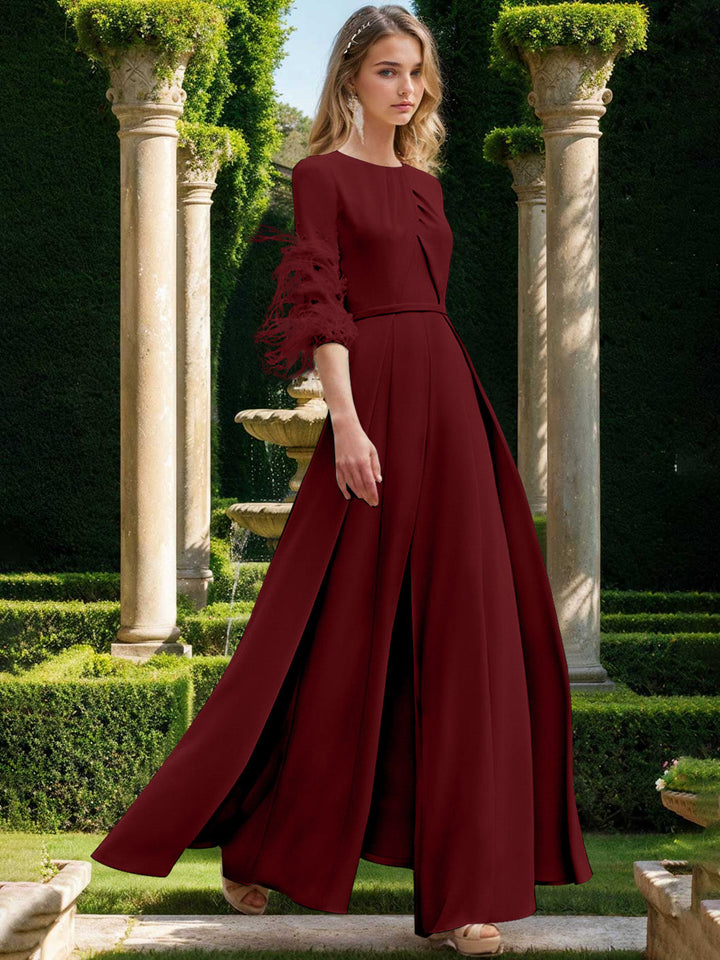 Jewel Neck Half Sleeves Ankle-Length Mother Of The Bride Pantsuits With Feathers