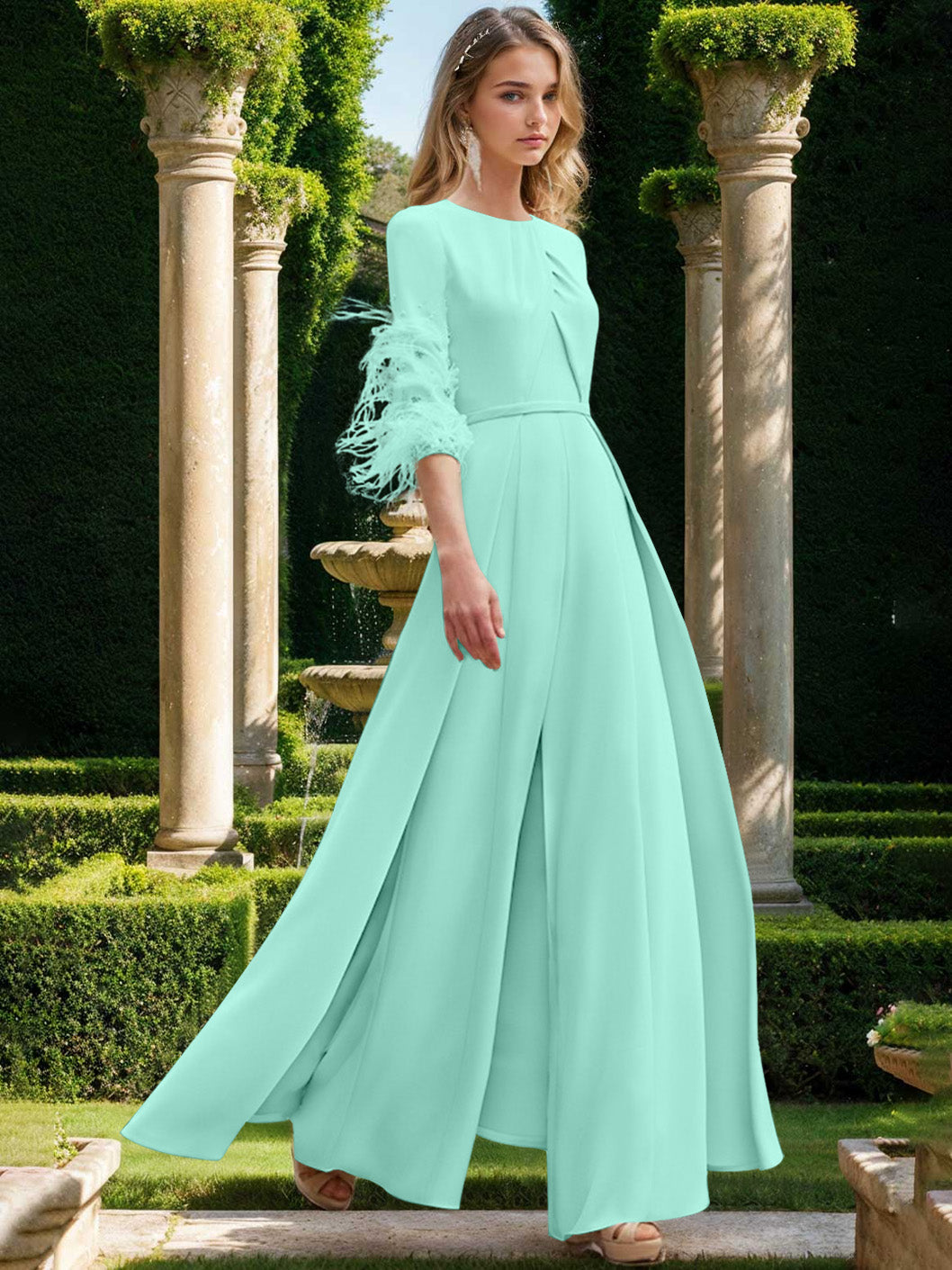 Jewel Neck Half Sleeves Ankle-Length Mother Of The Bride Pantsuits With Feathers