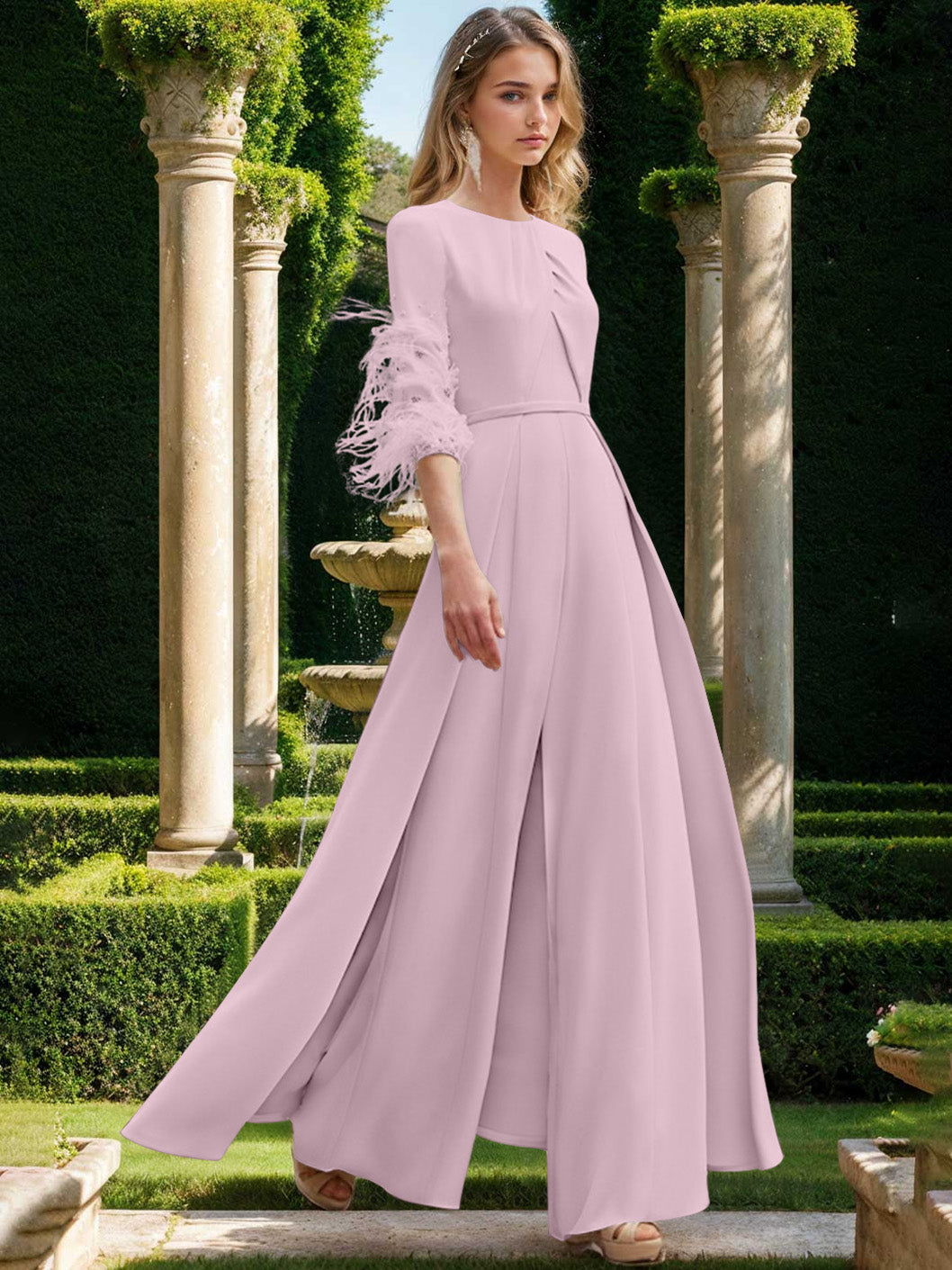 Jewel Neck Half Sleeves Ankle-Length Mother Of The Bride Pantsuits With Feathers