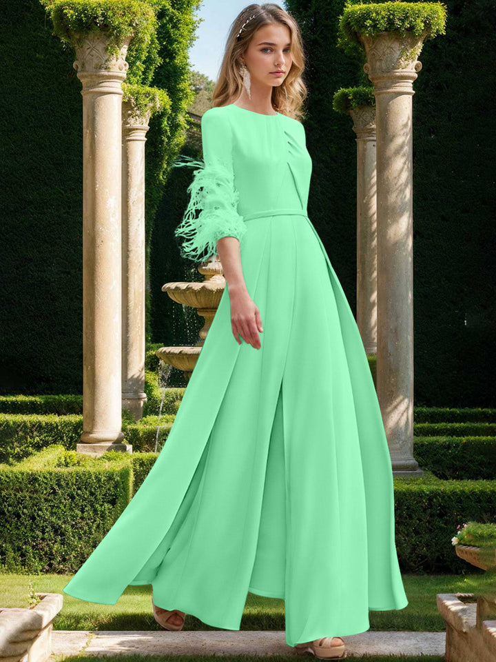 Jewel Neck Half Sleeves Ankle-Length Mother Of The Bride Pantsuits With Feathers