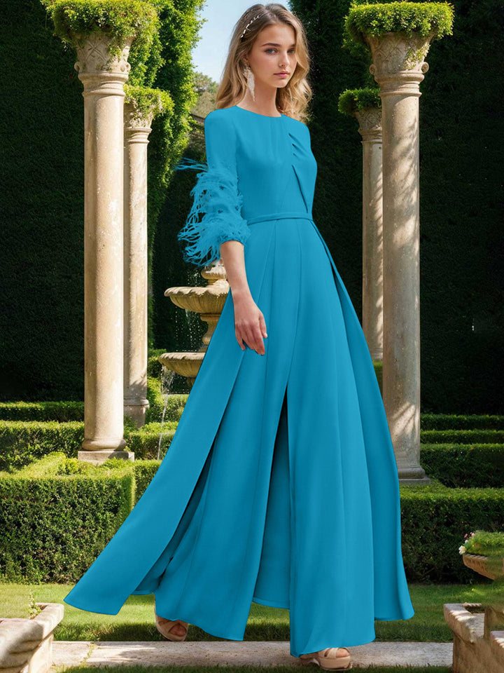 Jewel Neck Half Sleeves Ankle-Length Mother Of The Bride Pantsuits With Feathers