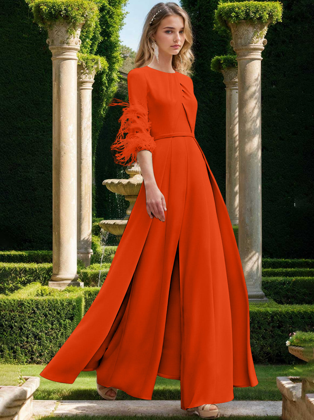 Jewel Neck Half Sleeves Ankle-Length Mother Of The Bride Pantsuits With Feathers