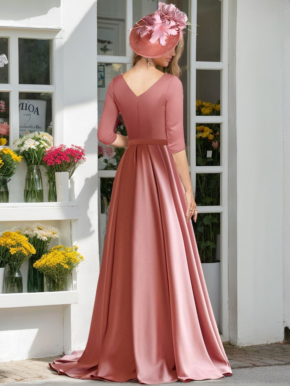 A Line/Princess V-Neck 3/4 Length Sleeves Floor-Length Mother of the Bride Dresses withPleats, Ruching & Ruched