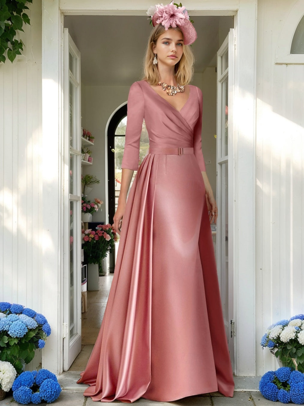 A Line/Princess V-Neck 3/4 Length Sleeves Floor-Length Mother of the Bride Dresses withPleats, Ruching & Ruched