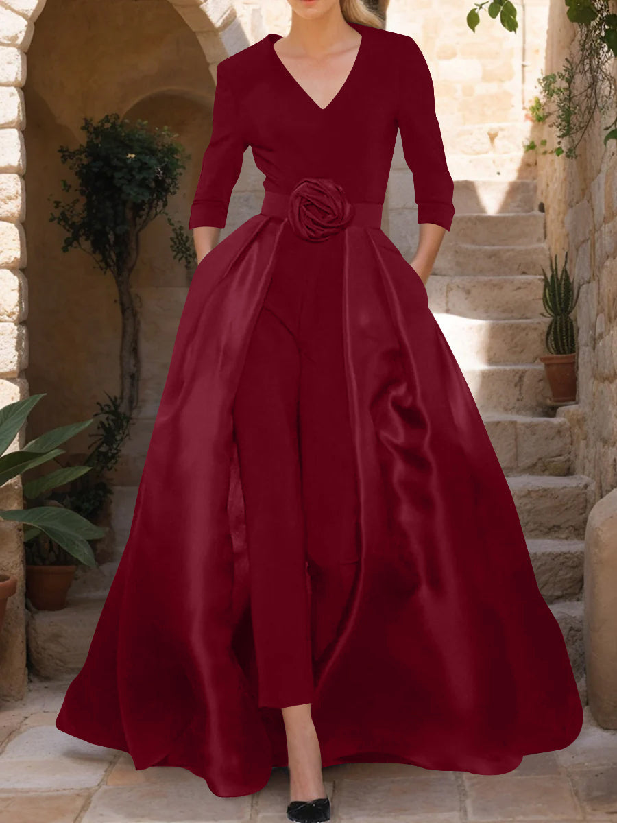 V-Neck 3/4 Sleeves Mother of the Bride Jumpsuit with Flower Belt