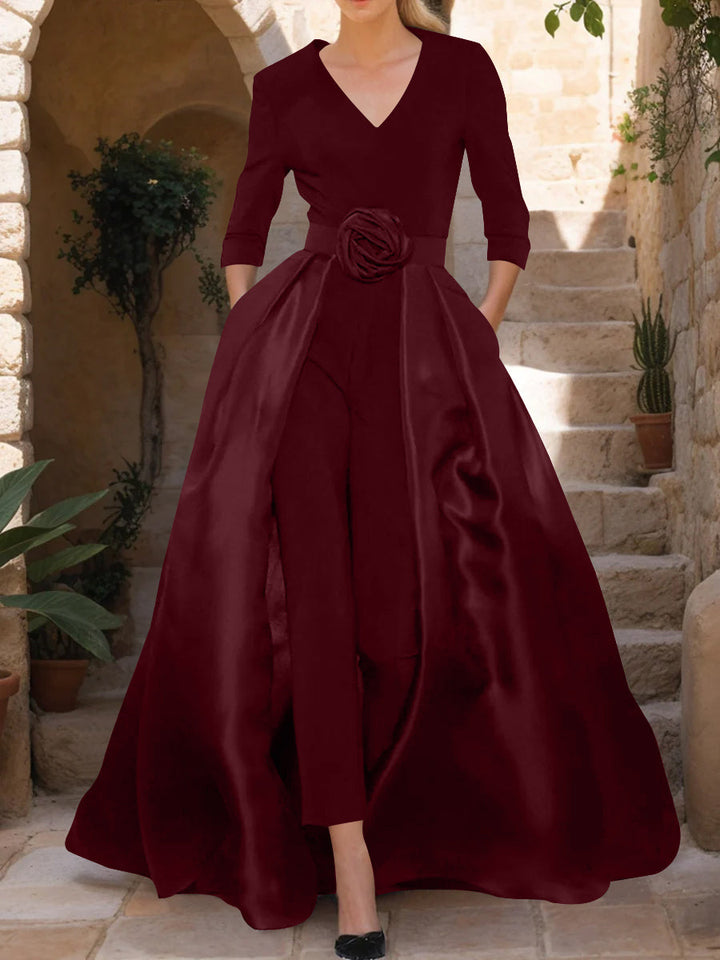 V-Neck 3/4 Sleeves Mother of the Bride Jumpsuit with Flower Belt