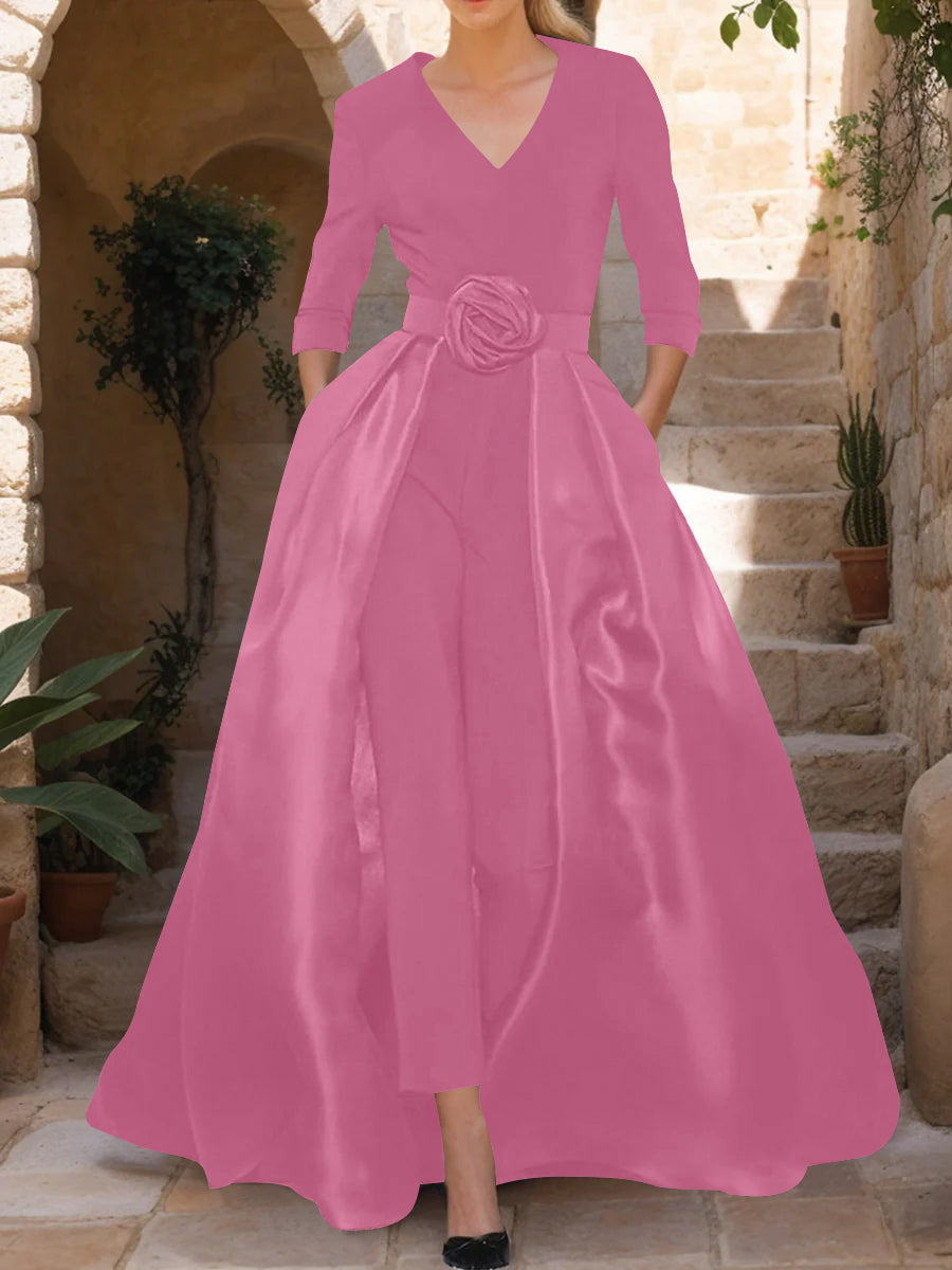 V-Neck 3/4 Sleeves Mother of the Bride Jumpsuit with Flower Belt