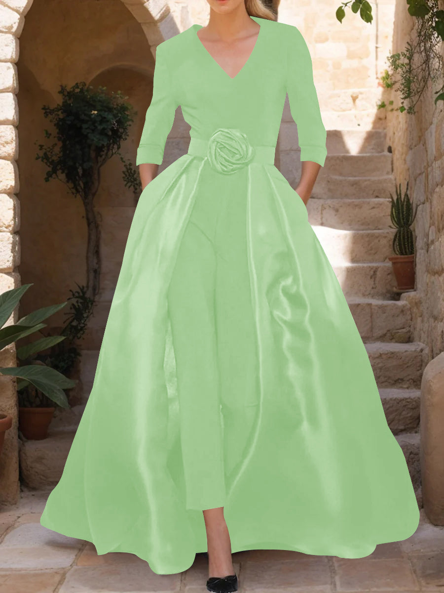 V-Neck 3/4 Sleeves Mother of the Bride Jumpsuit with Flower Belt