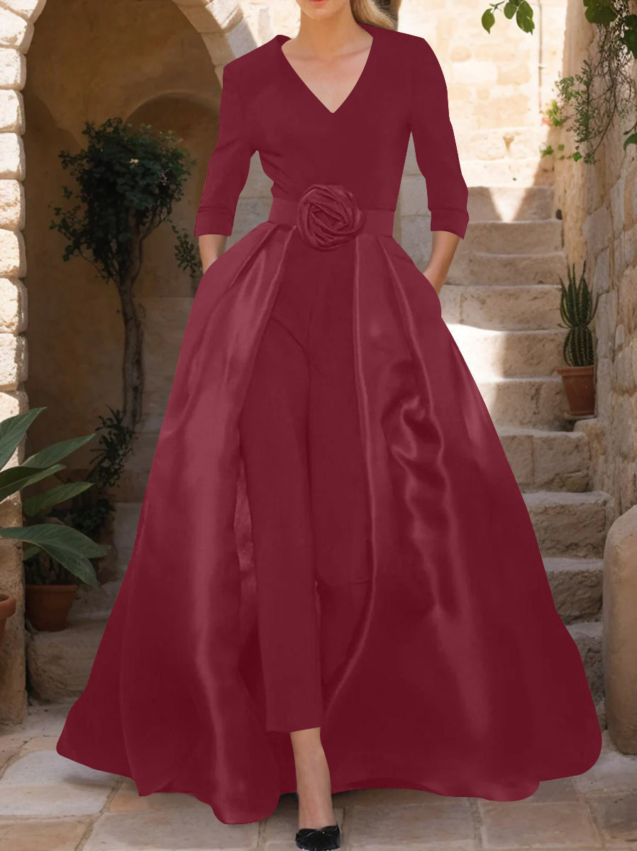 V-Neck 3/4 Sleeves Mother of the Bride Jumpsuit with Flower Belt