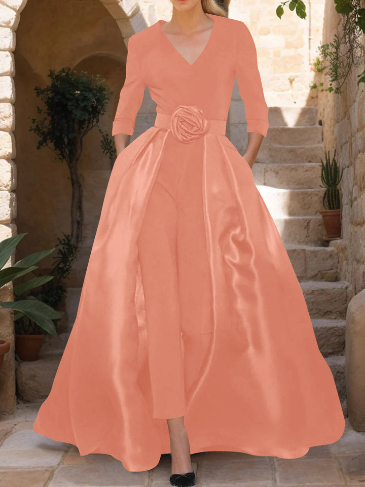 V-Neck 3/4 Sleeves Mother of the Bride Jumpsuit with Flower Belt