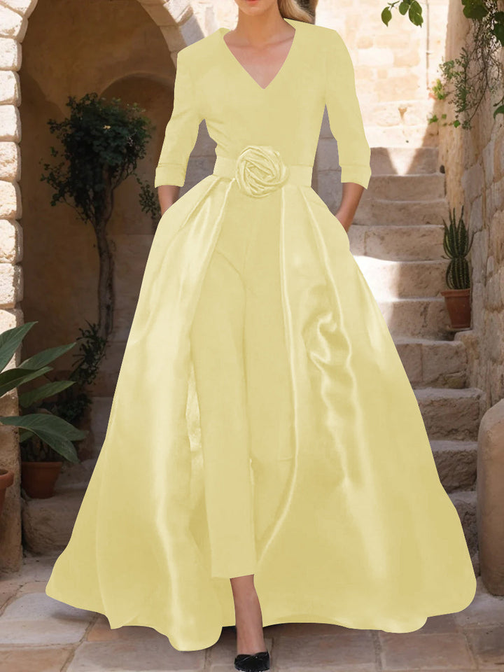 V-Neck 3/4 Sleeves Mother of the Bride Jumpsuit with Flower Belt