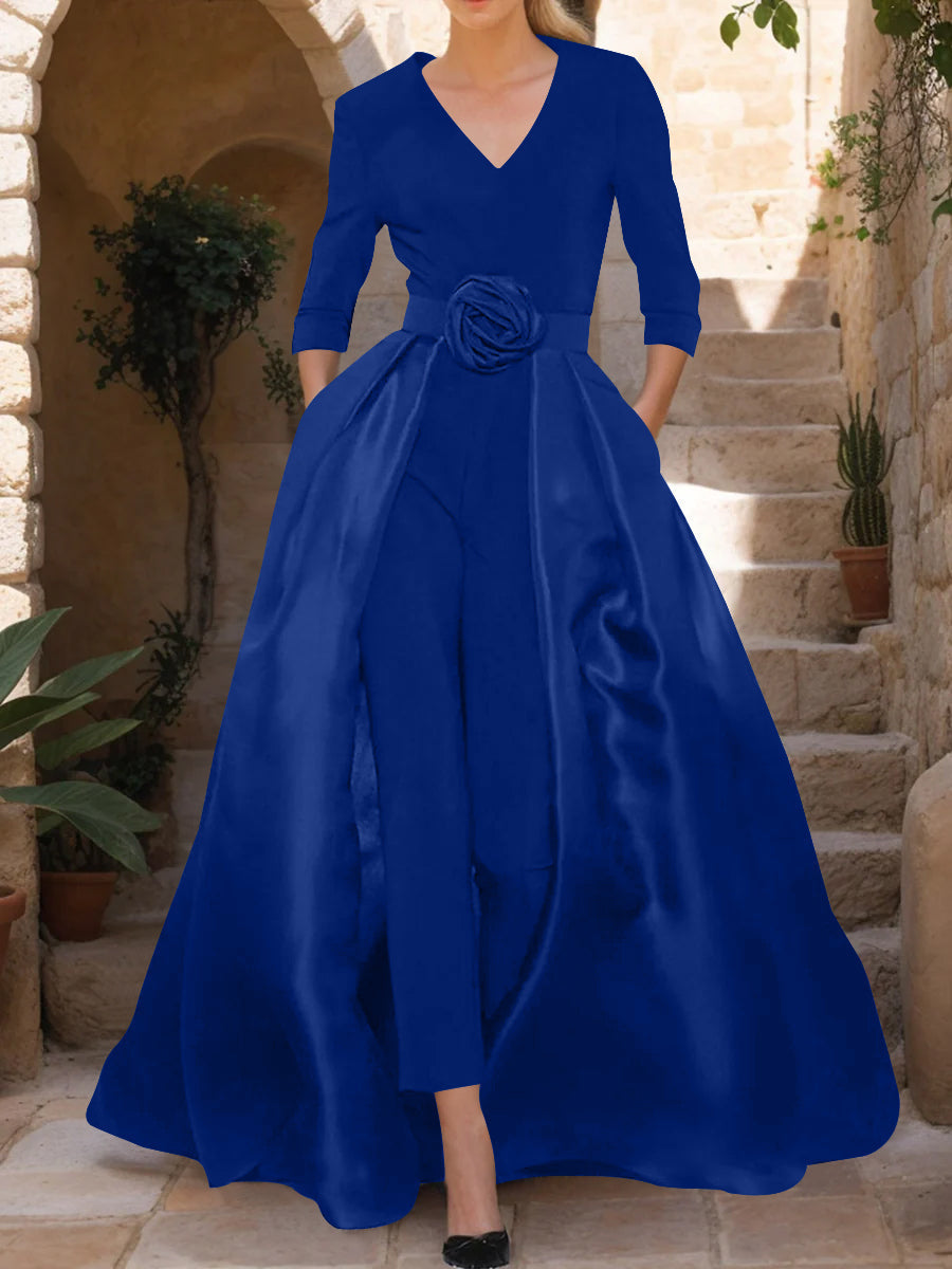 V-Neck 3/4 Sleeves Mother of the Bride Jumpsuit with Flower Belt